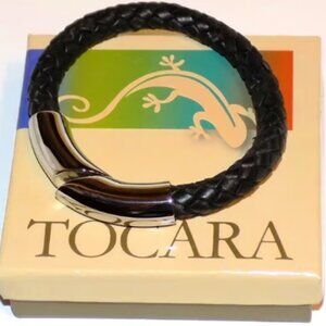 Tocara Men's Chunky Boho Stainless Steel & Woven Leather Wrist Band Bracelet